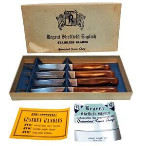 Vtg Regent Sheffield English Stainless 4 Piece Steak Knife Set in Storage Tray